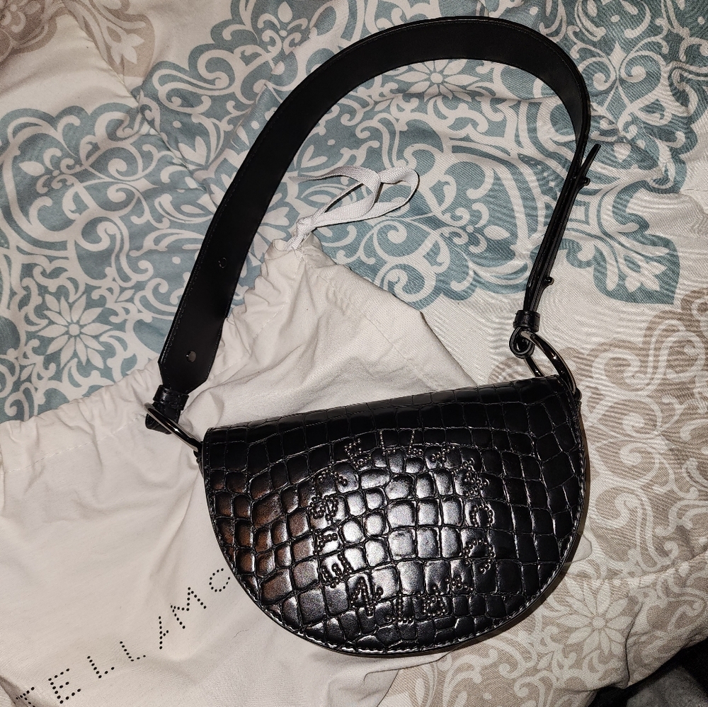 Stella McCartney Studded Logo Saddle Half Moon Croc-Embossed Black Shoulder Bag